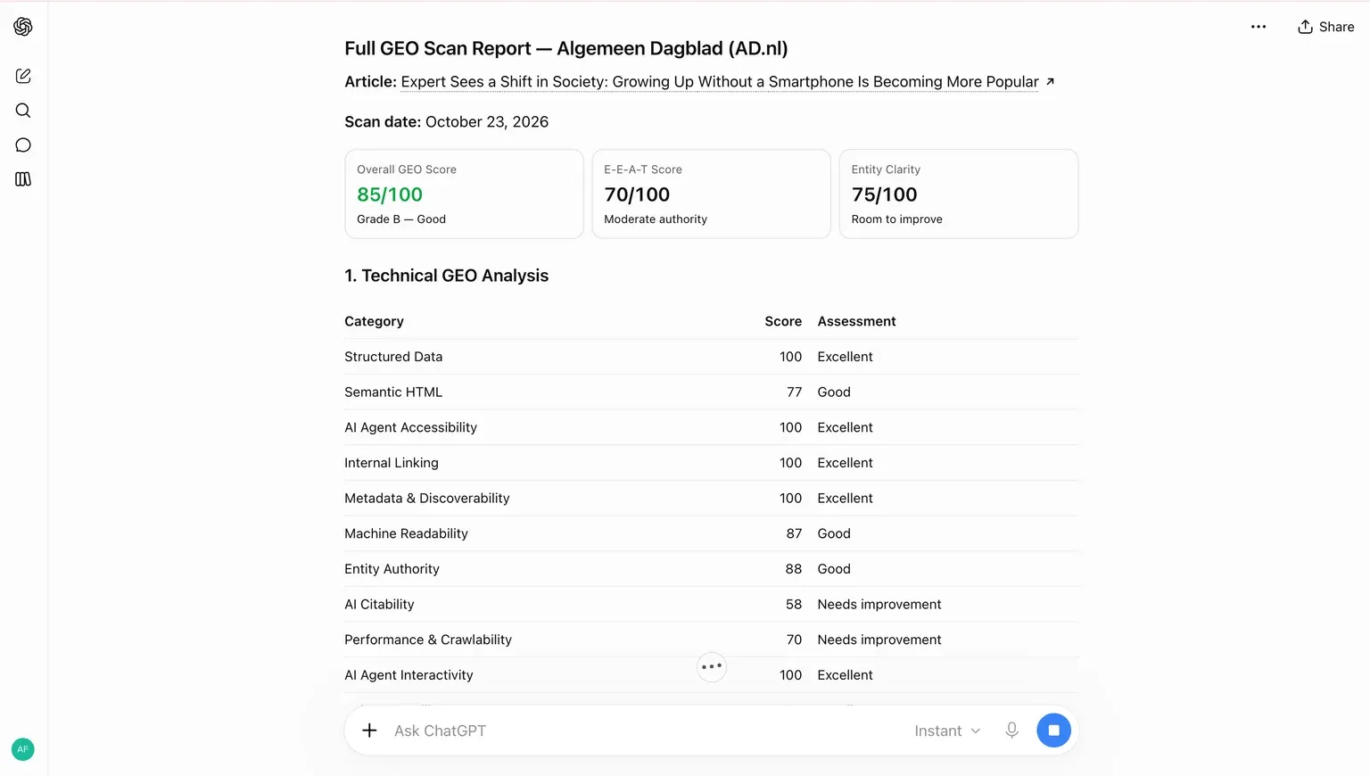 Example ChatGPT conversation using the connected GEO Search Leads app to interact with website report information