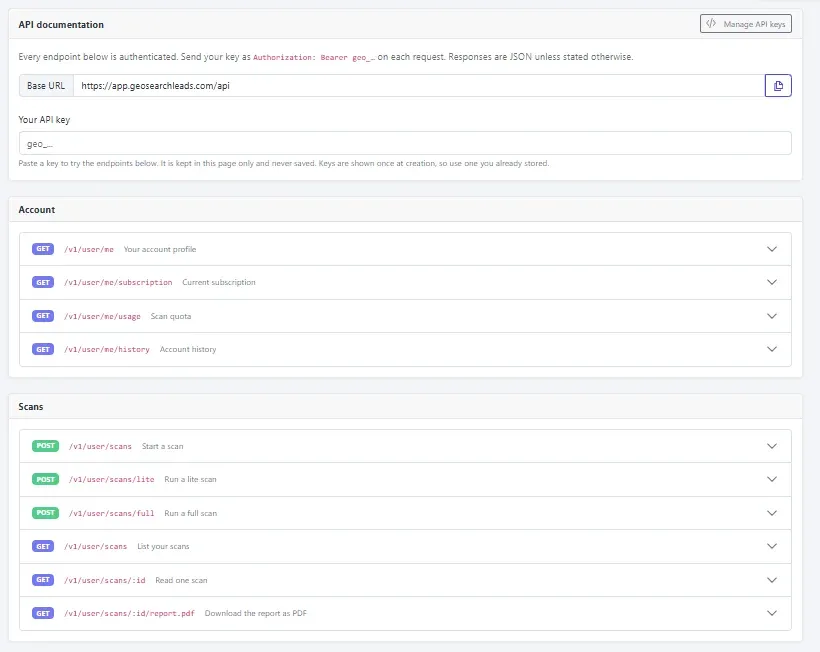 API keys page with named keys, creation and last-used details, plus options to create or revoke a key