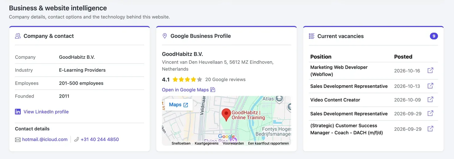 Business and website intelligence section showing company details, contact information, Google Business Profile context, and current vacancies