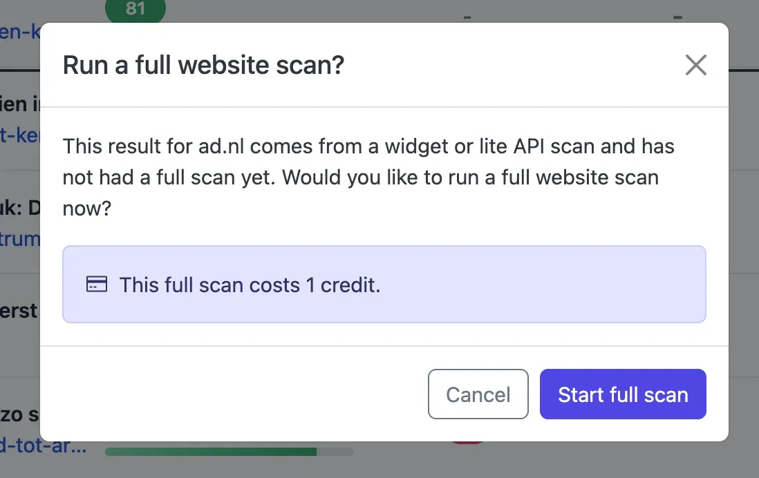 Confirmation dialog explaining that a full website scan costs 1 credit, with Cancel and Start full scan options