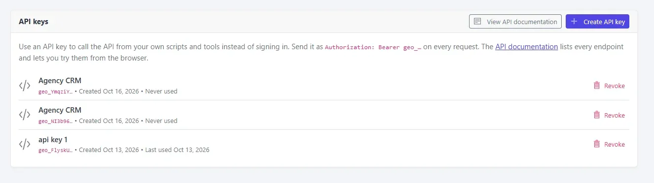 Interactive API documentation with an API key field and endpoints for account information, scan quota, website scans, results, and PDF reports