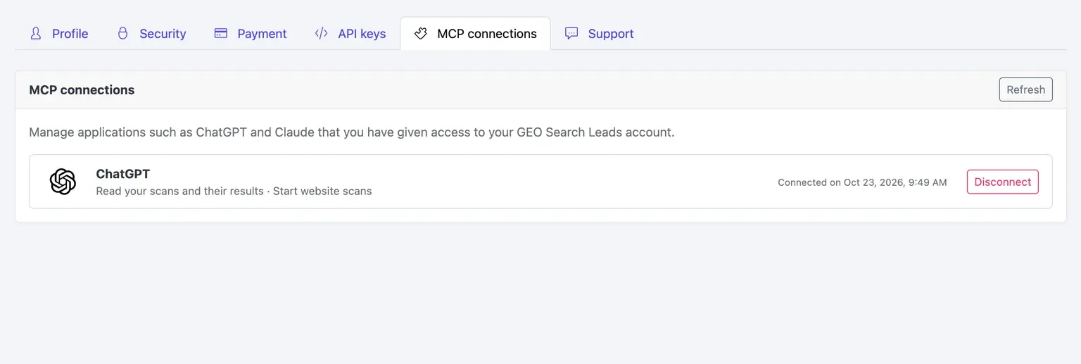 MCP connection settings in the GEO Search Leads dashboard with details for linking a compatible AI chatbot