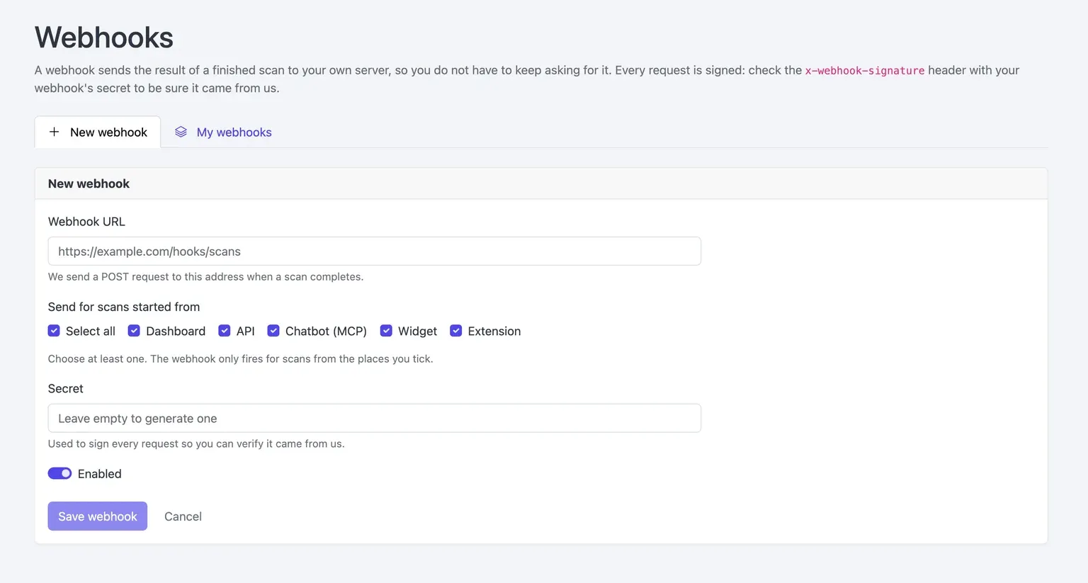 New webhook configuration with destination URL, scan-source filters, secret field, and enabled toggle