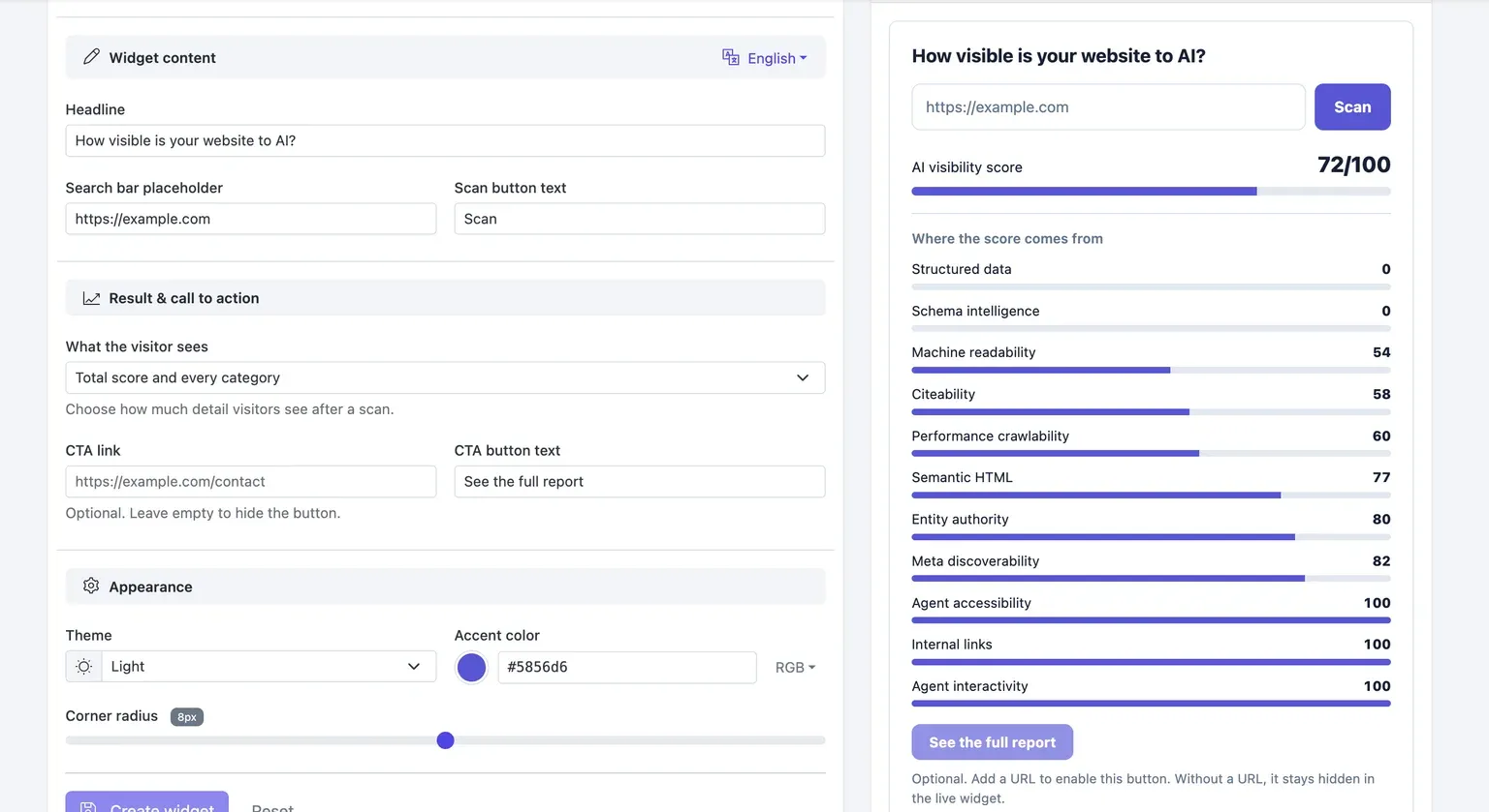 Widget builder with editable visitor content, result-detail controls, optional CTA settings, and appearance options